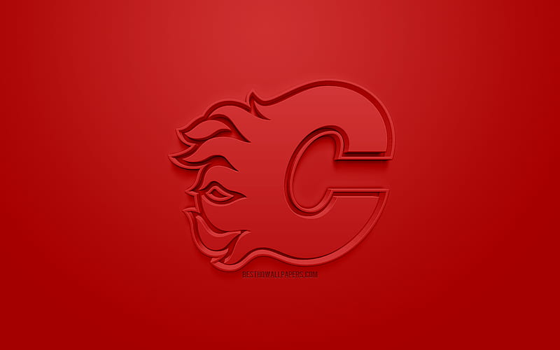 Calgary Flames, Canadian hockey club, creative 3D logo, red background, 3d emblem, NHL, Calgary, Alberta, Canada, USA, National Hockey League, 3d art, hockey, 3d logo, HD wallpaper