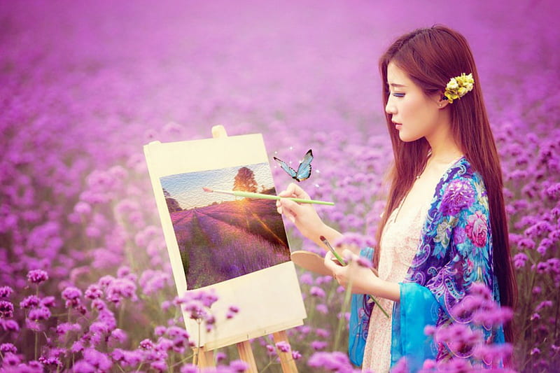 Paint Your Purple World, artist, butterfly, girl, asian, lavender, paintbrush, field, HD wallpaper