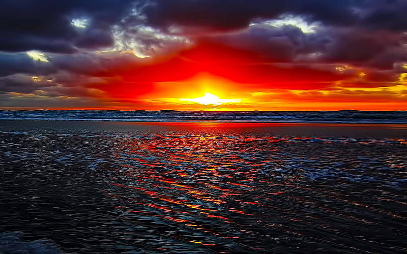 Lava Sunset, lava texture, beauty, sunset, reflection, ember, ray, sea, HD wallpaper