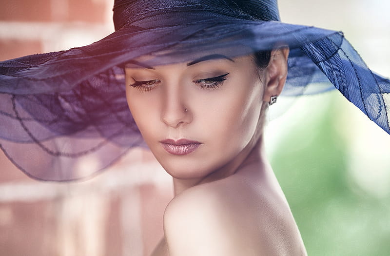 Beauty, girl, model, face, woman, yuri egoroff, hat, blue, HD wallpaper ...