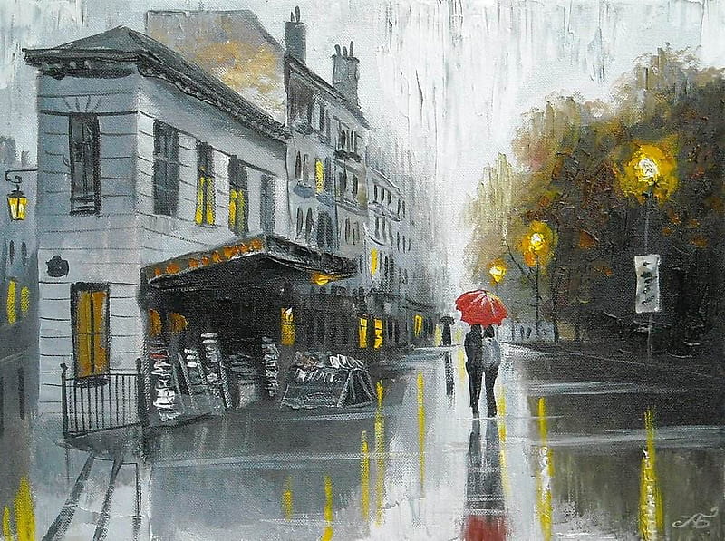 Bolotov. Paris. The rain. In a newspaper shop, art, painting, bolotov, umbrella, paris, rain, HD wallpaper