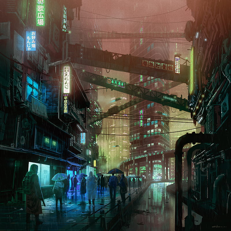 Armin Rangani, city, building, people, wet street, cyberpunk, umbrella, digital painting, artwork, city lights, wet road, digital art, drawing, cover art, ArtStation, HD phone wallpaper