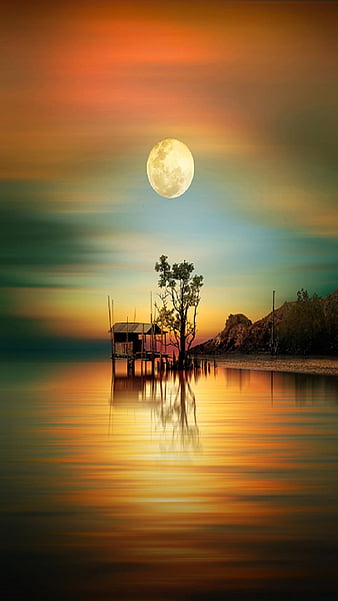 Elysium, sunset, moon, planet, lake, HD wallpaper | Peakpx