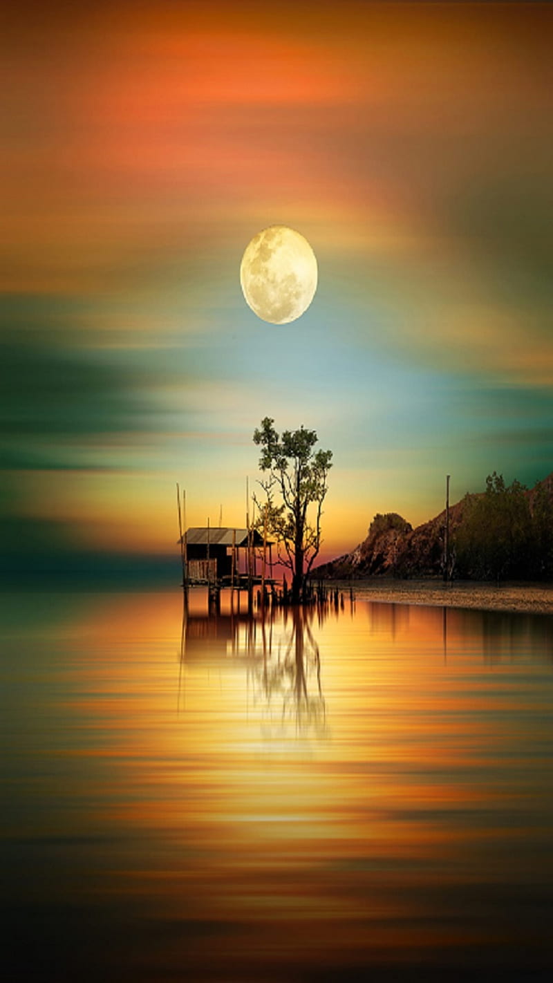 Sunset, lake, moon, HD phone wallpaper | Peakpx