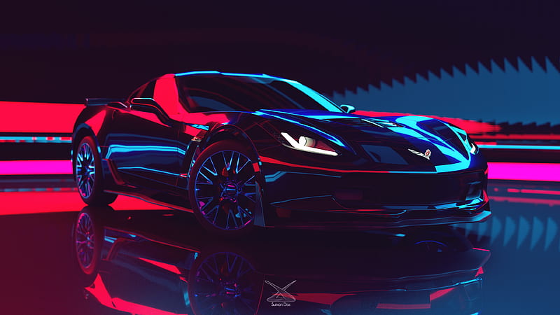 chevrolet corvette z06, supercars, neon lights, reflection, Vehicle, HD wallpaper