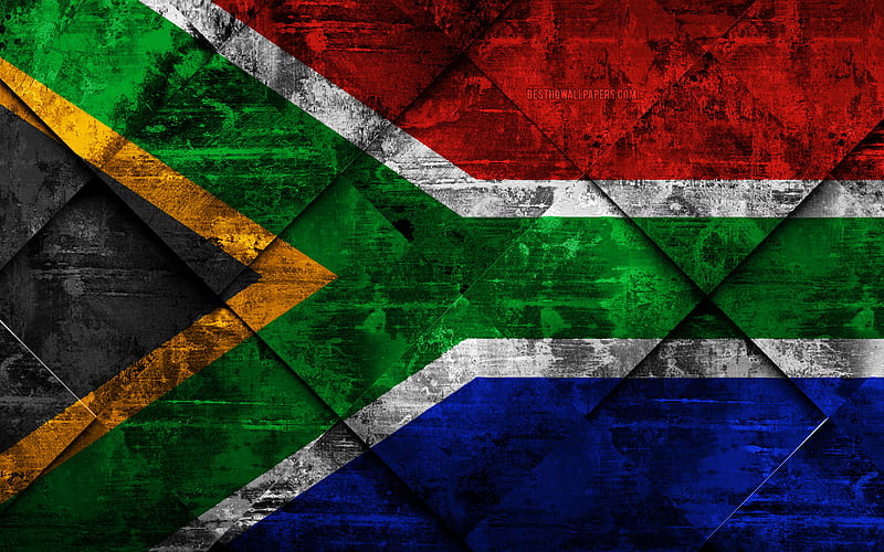 Flag of South Africa grunge art, rhombus grunge texture, South Africa flag, Africa, national symbols, South Africa, creative art, HD wallpaper