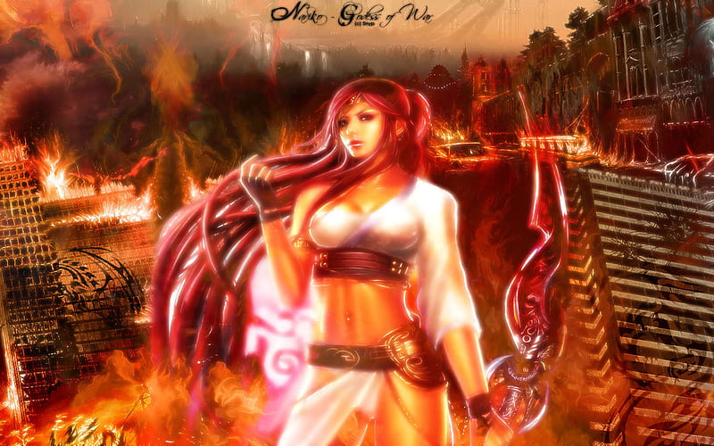 Godess of War, fire, guerra, heavenly sword, female, video game, sword, god, nariko, HD wallpaper