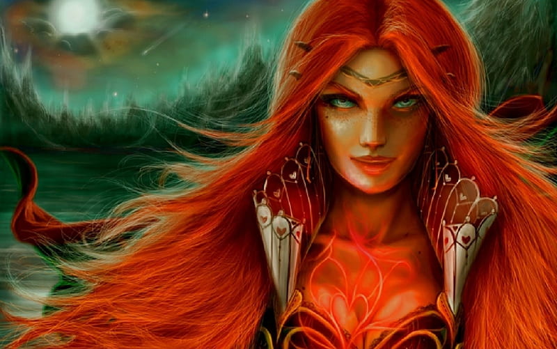 Red Witch, witch, art, fantasy, girl, redhead, digital, bonito, woman, HD wallpaper