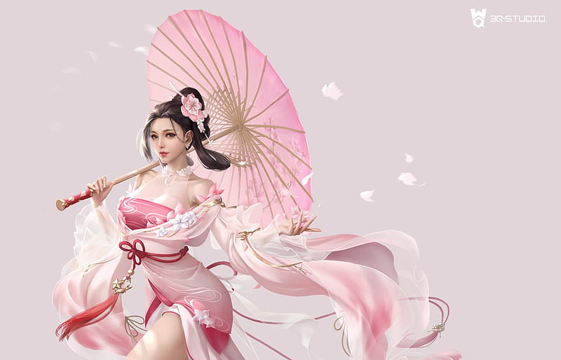 Fantasy girl, fantasy, frumusete, luminos, girl, 3q studio, umbrella, pink, parasol, HD wallpaper