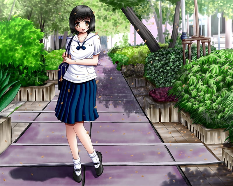 Walk to school, female, plant, bag, cute, tree, walkway, girl, uniform,  anime, HD wallpaper | Peakpx