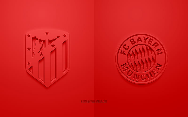 Atletico Madrid vs Bayern Munich, UEFA Champions League, Group А, 3D logos, red background, Champions League, football match, Atletico Madrid, FC Bayern Munich, HD wallpaper