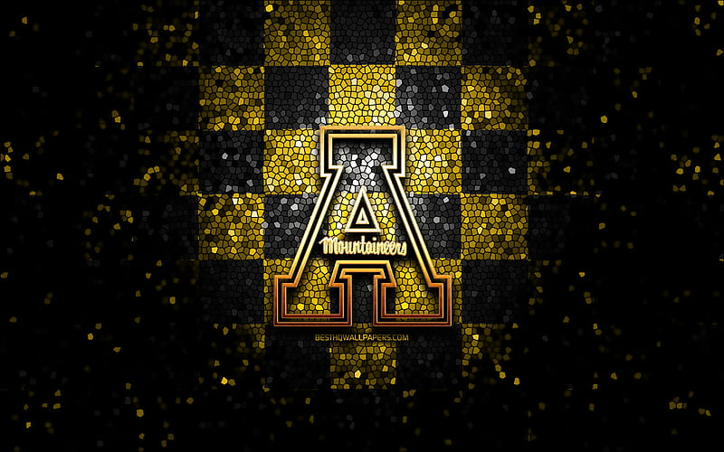 Appalachian State Mountaineers, glitter logo, NCAA, yellow black checkered background, USA, american football team, Appalachian State Mountaineers logo, mosaic art, american football, America, HD wallpaper