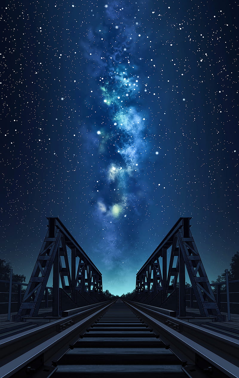 bridge, rails, starry sky, night, art, HD phone wallpaper