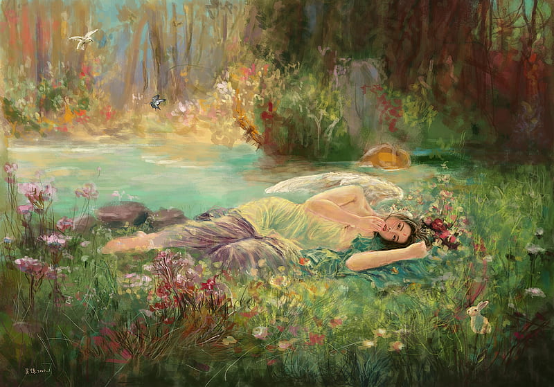 Sleeping angel, summer, wude, art, frumusete, wings, wu de, luminos ...