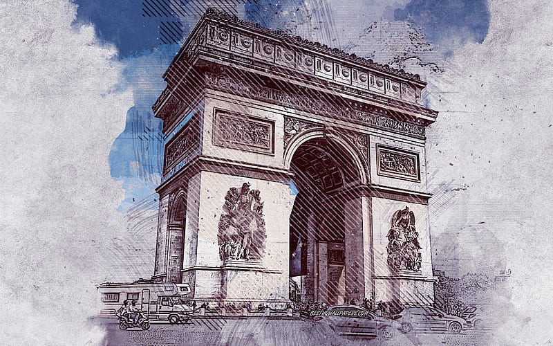 Arc de Triomphe, grunge art, Paris, France, creative art, painted Arc de Triomphe, grunge, digital art, Paris art, painted Paris, landmark, HD wallpaper