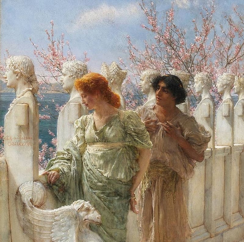 Past and Present Generations, pink, painting, art, spring, alma tadema, woman, blossom, blue, 1894, pictura, HD wallpaper