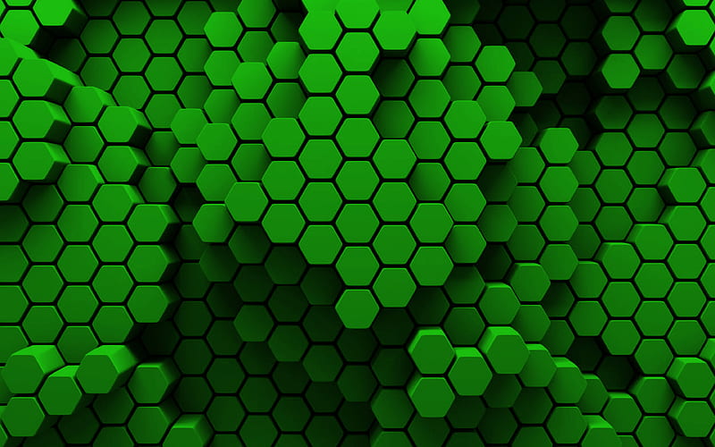green hexagons 3D art, creative, honeycomb, hexagons patterns, green hexagons background, hexagons textures, green backgrounds, hexagons texture, HD wallpaper