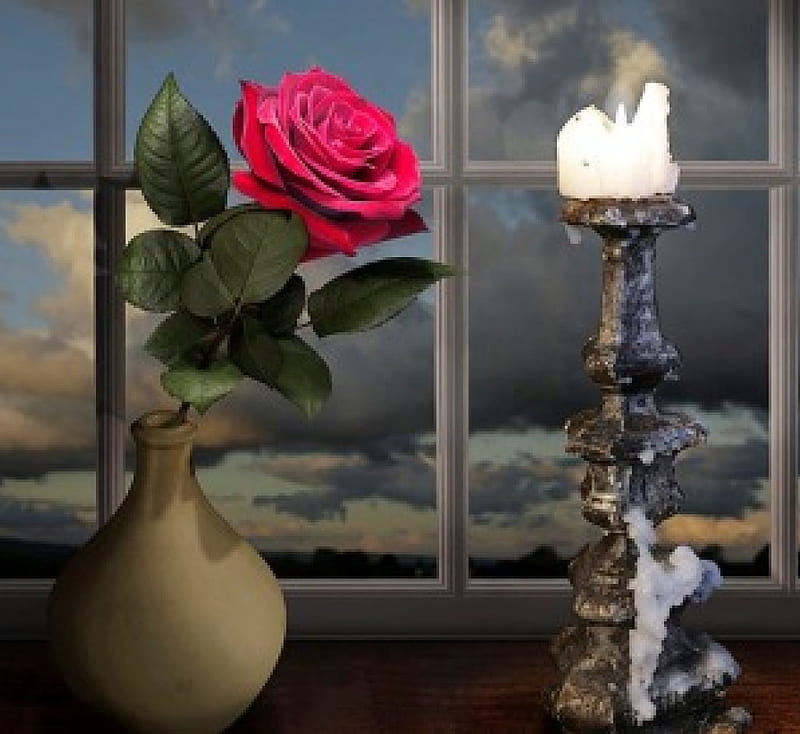 Evening melancholy, candle, red, window, rese, HD wallpaper