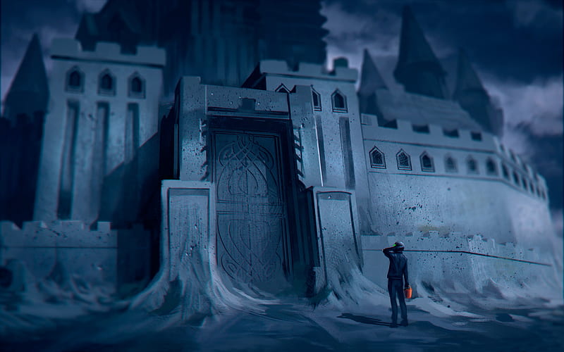 The gates, gate, art, fantasy, tower, game, castle, blue, HD wallpaper