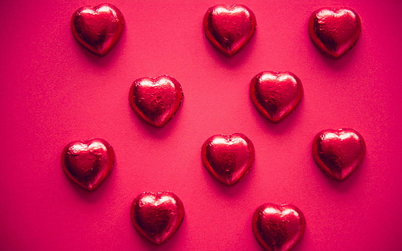 chocolate hearts, candy, red background, red candy hearts, HD wallpaper