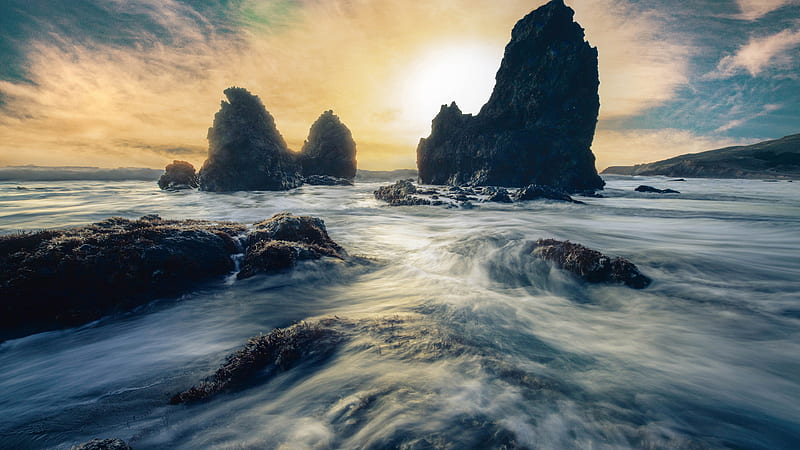 Sea Shore With Rock During Sunrise Nature, HD wallpaper Sea Shore With Rock During Sunrise Nature, HD wallpaper