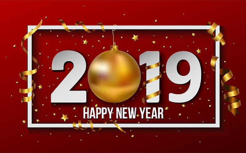 Happy New Year 2019, red background, golden ball, 2019 concepts, white digits, 2019 year, artwork, HD wallpaper