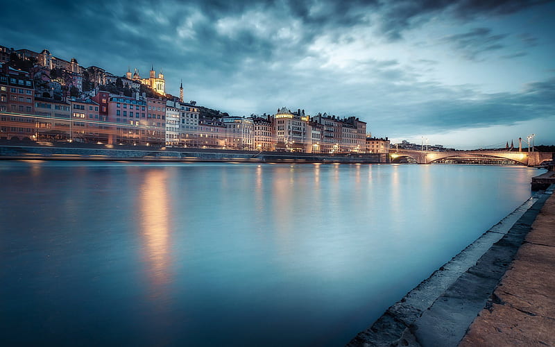 Lyon, Rhone river, cityscape, embankment, bridges, sunset, evening, France, HD wallpaper