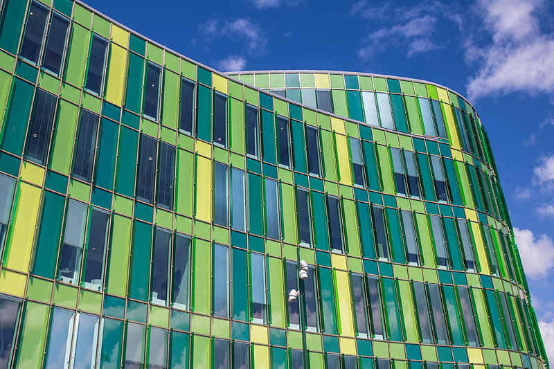 building, facade, glass, architecture, green, blue, HD wallpaper