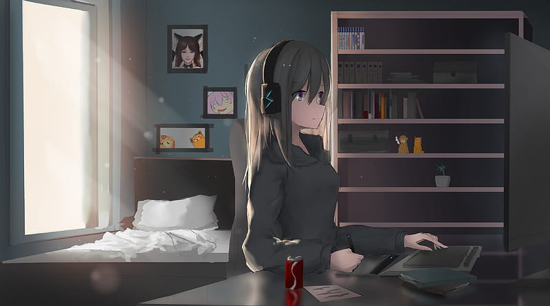 Anime Girl Headphones Working , anime-girl, anime, headphones, artist, artwork, digital-art, HD wallpaper