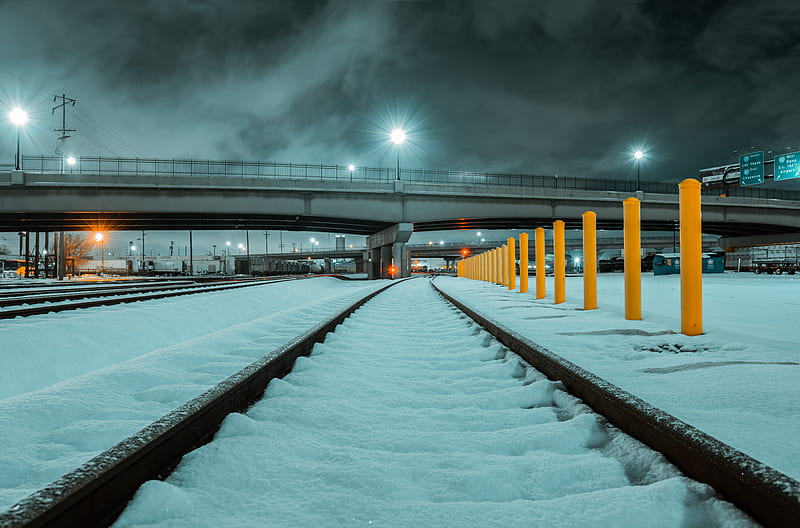 rails, railway, snow, bridge, winter, HD wallpaper