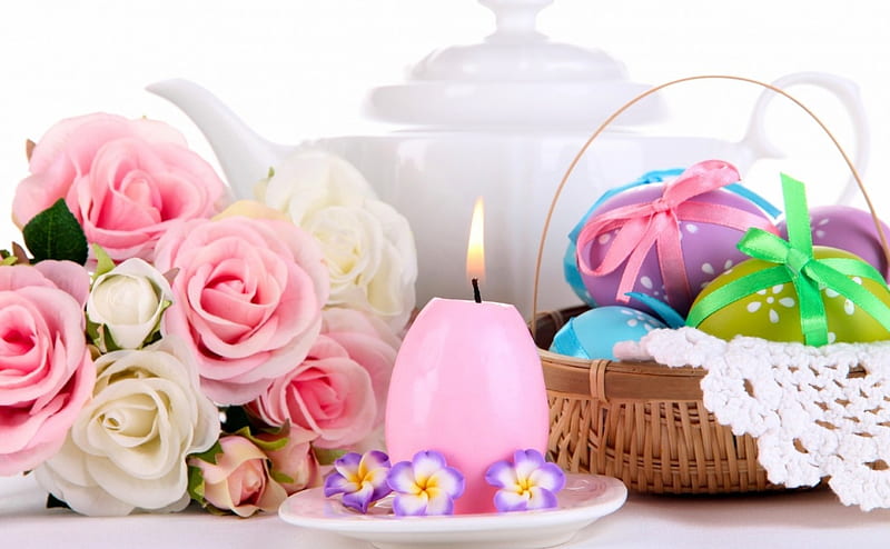 Happy Easter!, candle, egg, green, rose, basket, flower, easter, pink, HD wallpaper