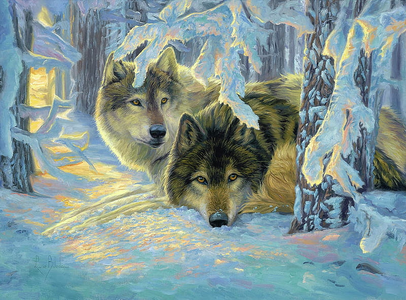 Deep Woods, forest, sunrays, snow, painting, wolves, trees, winter, artwork, HD wallpaper