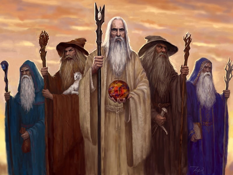wizards of lotr, cloaks, hats, beards, staffs, crystal ball, animal, HD wallpaper