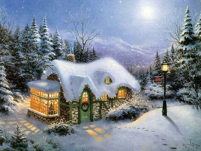 thomas-kinkade-silent-night-, art, christmas, snow, cottage, painting, thomas kinkade, HD wallpaper