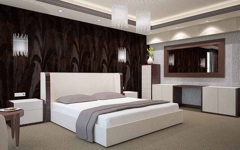stylish bedroom, modern design bedroom, bed, modern interior, gray bedroom, HD wallpaper