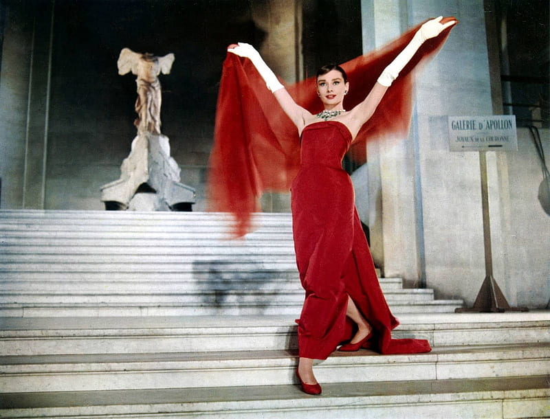 Audrey Hepburn, red dress, actress, film, famous, star, HD wallpaper