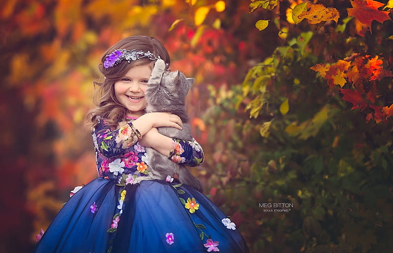 Little girl with cay, dress, autumn, orange, meg bitton, cat, animal, girl, copil, child, pisica, blue, HD wallpaper