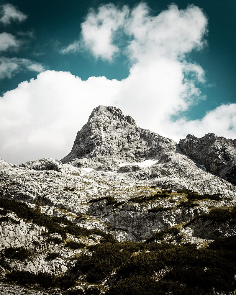 mountain, peak, sky, clouds, stones, HD phone wallpaper