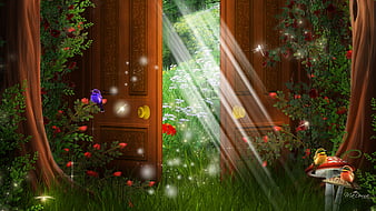 Door to Spring, toadstools, sun, grass, birds, trees, door, doors,  enchanting, HD wallpaper | Peakpx