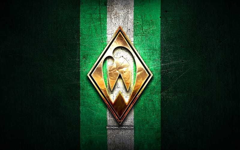 SV Werder Bremen, golden logo, Bundesliga, green metal background, football, Werder Bremen FC, german football club, SV Werder Bremen logo, soccer, Germany, HD wallpaper