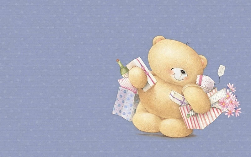 Have a relaxing day!, cute, shopping, relax, flower, teddy bear, pink, blue, card, HD wallpaper