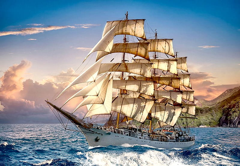 Sailing at Sunset F1C, ocean, bonito, waves, sailing ship, sea graphy, high seascape, wide screen, scenery, HD wallpaper