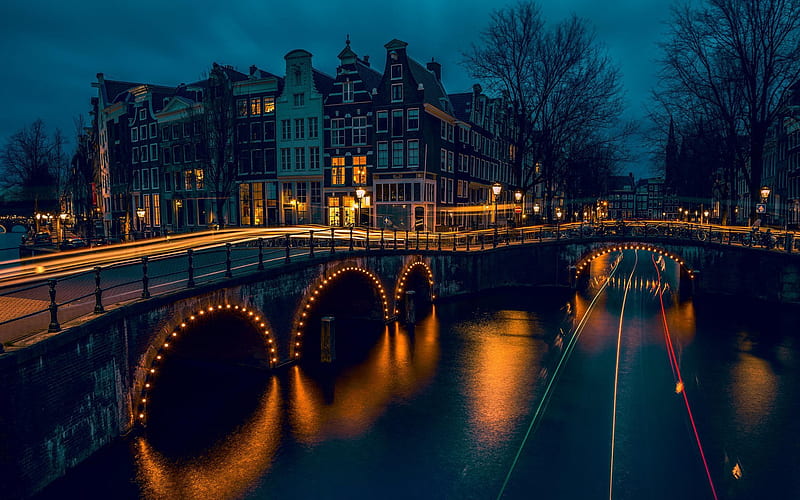 Amsterdam, traffic lights, night, bridge, Holland, Netherlands, HD wallpaper