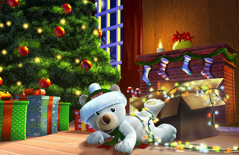 Tangled in the Lights, christmas tree, christmas, bear, box, lights, stockings, presents, orniments, white, teddy bear, HD wallpaper