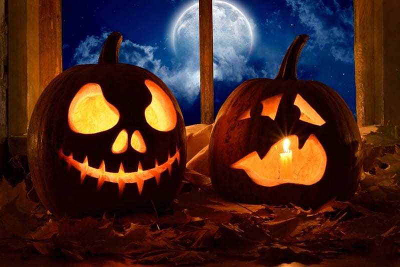 All Hallow's Eve, candle, window, jack o lanterns, clouds, leaves, moon, flame, full moon, Halloween, pumpkins, HD wallpaper