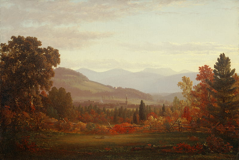 Mount Merino, red, art, autumn, luminos, thomas cole, tree, painting, pictura, HD wallpaper
