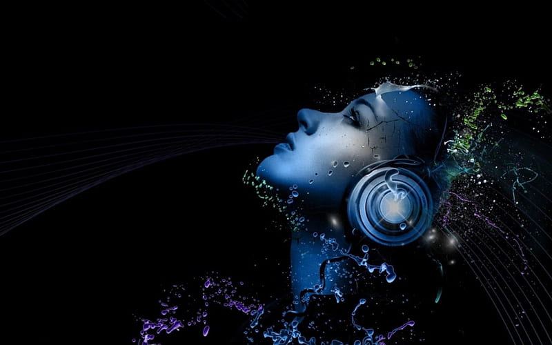 Music Lover, 3d, girl, cg, music, black, beauty, abstruct, blue, HD wallpaper