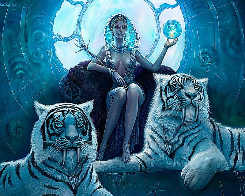 Snow Queen and Two Bodyguards, fantasy, white tigers, snow queen, abstract, other, HD wallpaper
