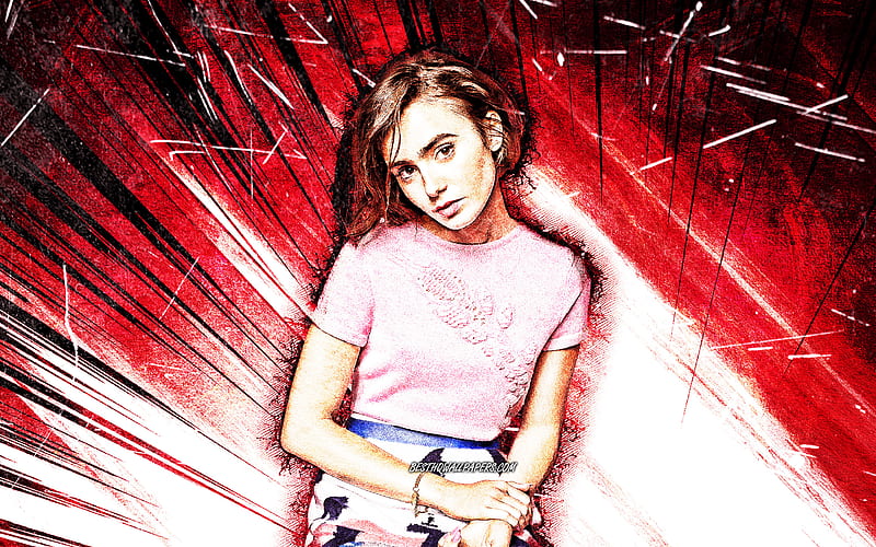 Lily Collins, grunge art, Hollywood, american celebrity, Lily Jane Collins, movie stars, purple abstract rays, american actress, Lily Collins, HD wallpaper