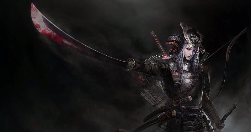 Warrior, armor, fantasy, dark, black, tian zi, man, HD wallpaper